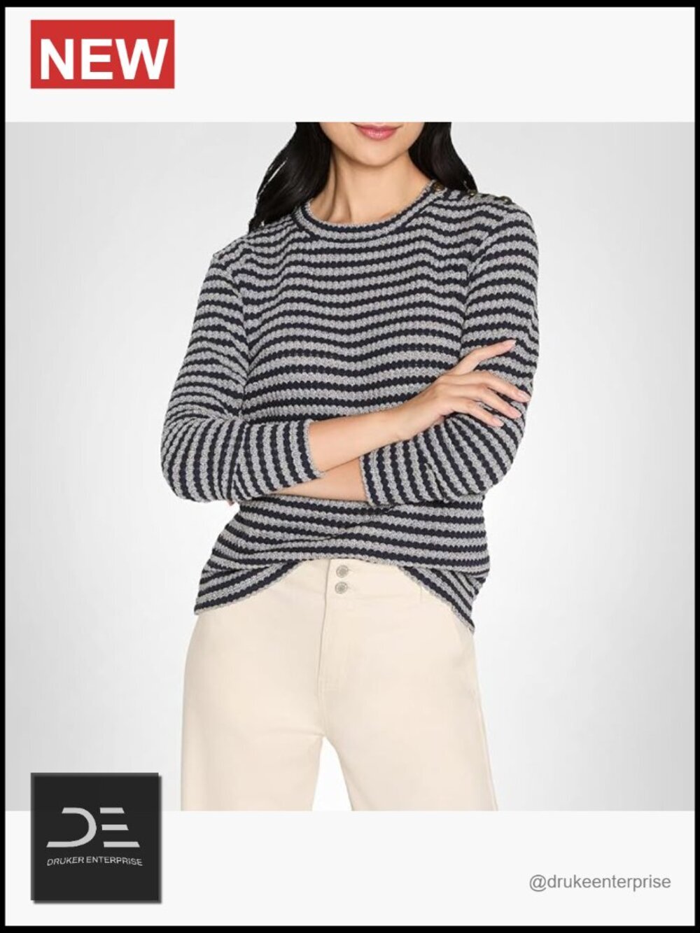 Textured Stripe Button Shoulder Pullover Sweater